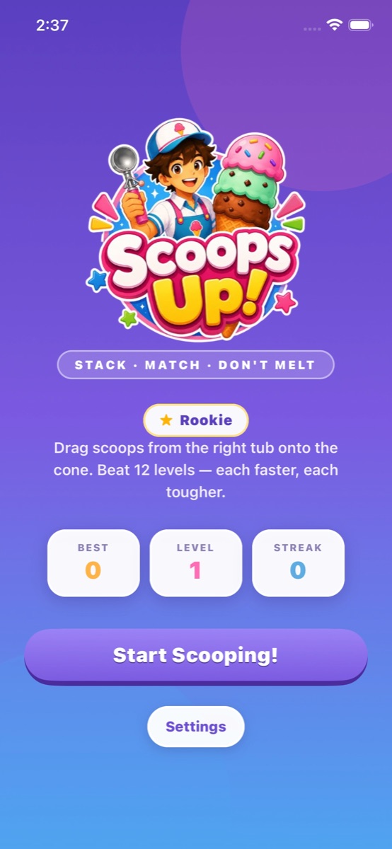 Scoops Up! home screen on iPhone